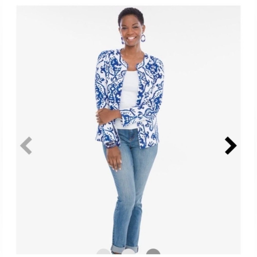 Chico's Indigo Ink Alicia Blue White Ikat Print Blazer Size S